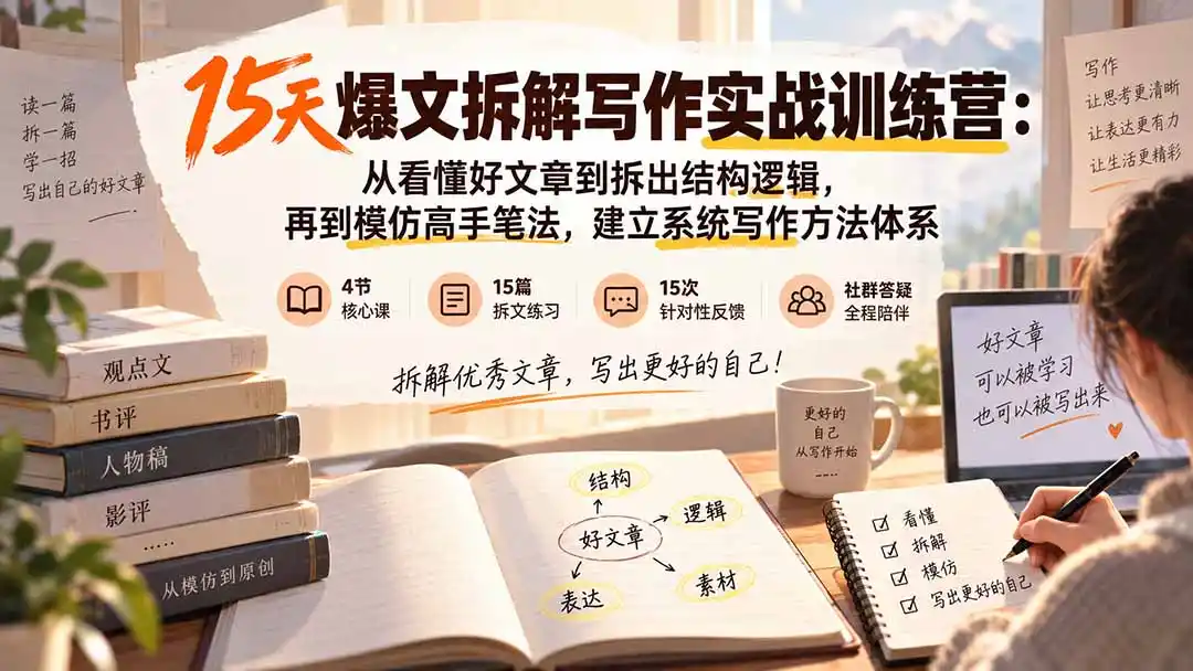 《15天拆文实战训练，零基础也能看透爆款文章写作逻辑》-猴哥资源站