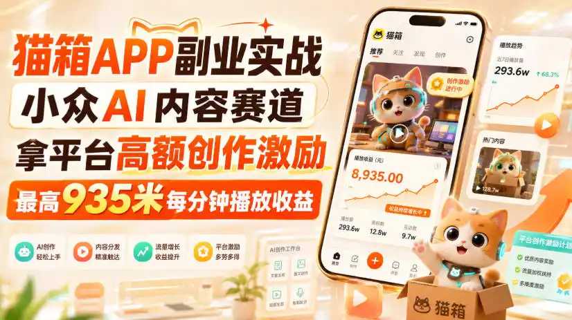 《猫箱APP冷门AI赛道，新手拿935元/分钟播放激励，稳定日入100+》-猴哥资源站