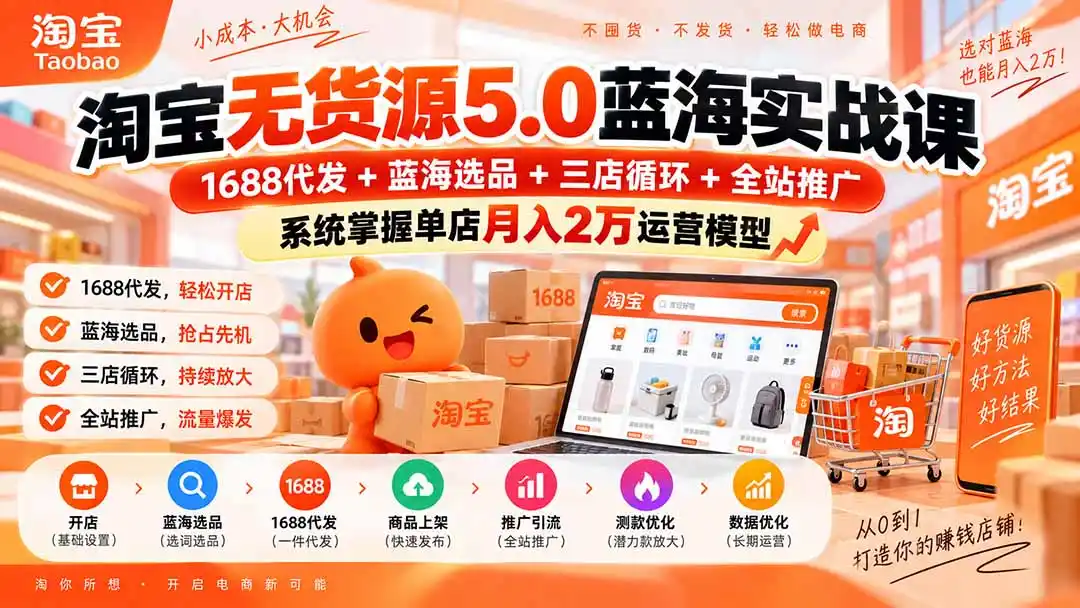 《淘宝无货源5.0蓝海精细化，三店循环+全站推广稳定起店》-猴哥资源站