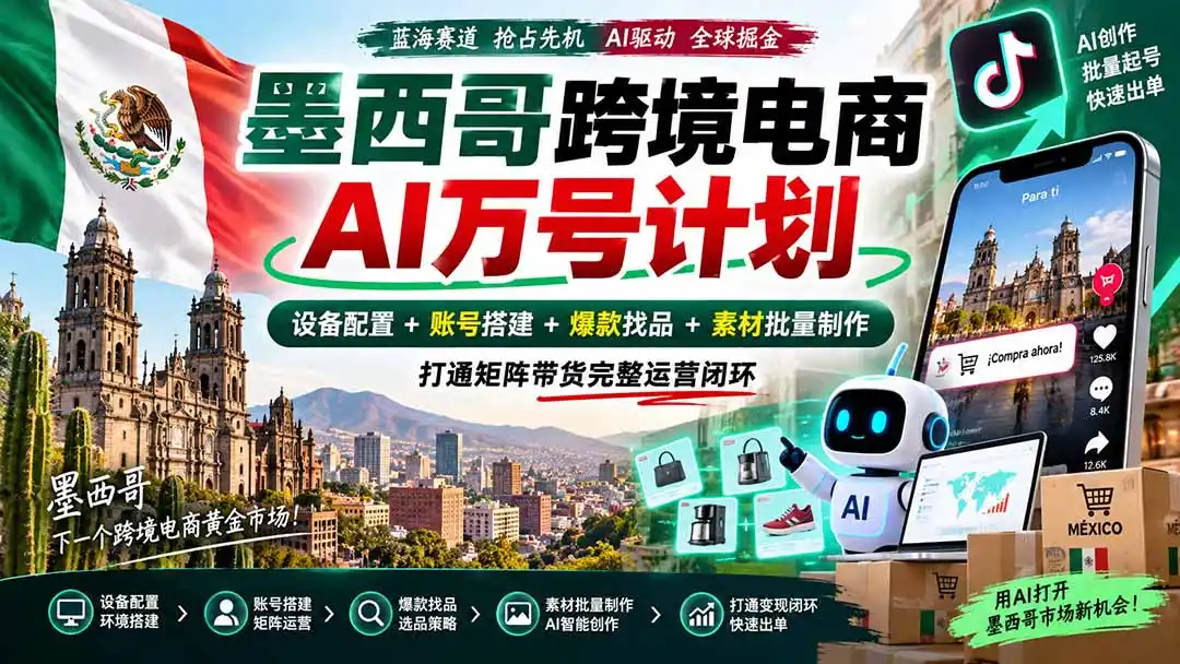 《墨西哥跨境AI带货万号计划，零基础矩阵起号批量出单》-猴哥资源站