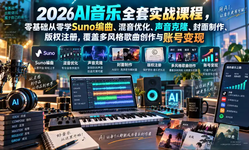 《零基础玩转AI音乐，从创作到版权发行全链路变现》-猴哥资源站