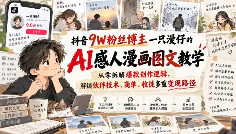 《9W粉博主AI治愈漫画全流程,零基础批量出片多元变现》-猴哥资源站