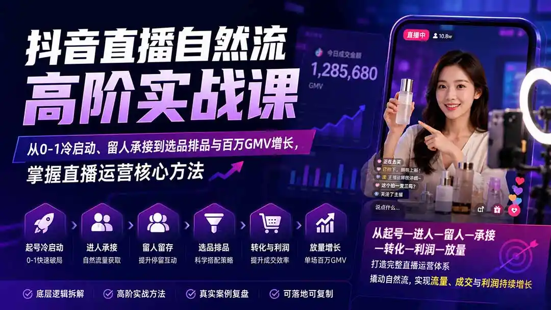 《抖音直播自然流撬动GMV全攻略，零基础起号到百万直播间实操拆解》-猴哥资源站