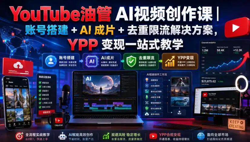 《AI油管矩阵全自动起号，零基础批量出片稳定过审变现》-猴哥资源站
