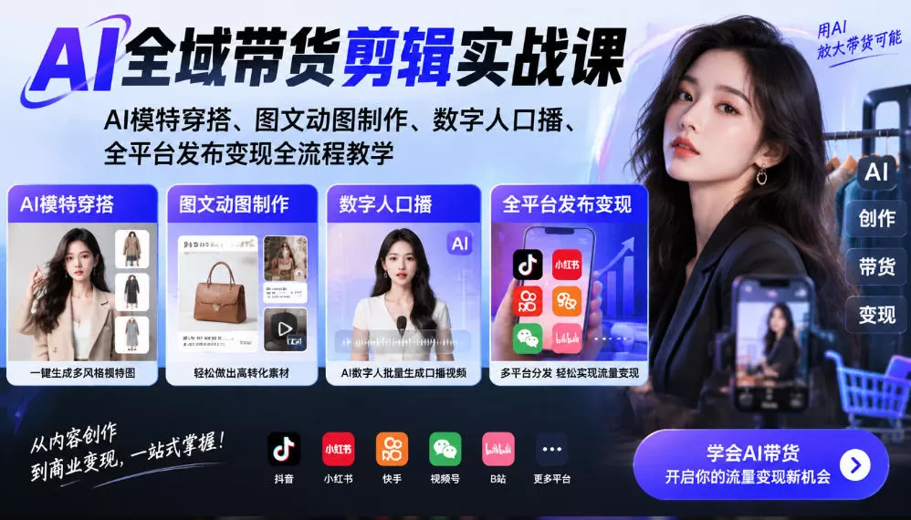 AI全域带货剪辑实战课|AI模特穿搭、图文动图制作、数字人口播、全平台发布变现全流程教学