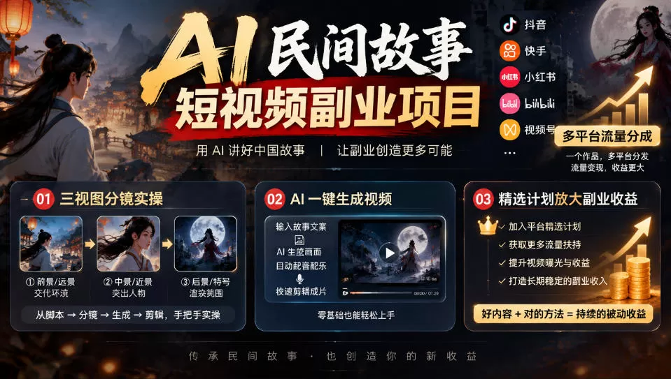 《AI民间故事短视频，三视图分镜+多平台分成，零基础日更变现》-猴哥资源站