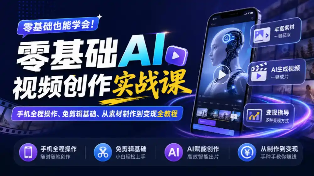 《手机AI视频全流程实操，零基础轻松做原创短视频变现》-猴哥资源站