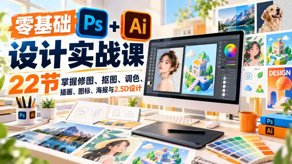 《零基础PS+AI设计实战，22节吃透修图海报2.5D变现》-猴哥资源站