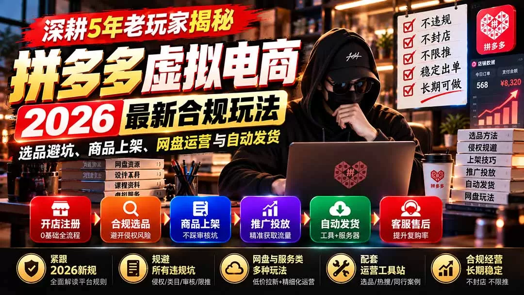 《2026拼多多虚拟电商全流程实操，合规避坑+自动发货，零基础轻资产起店》-猴哥资源站