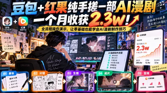 《豆包+红果手搓AI漫剧，零基础月入2.3w全流程拆解》-猴哥资源站
