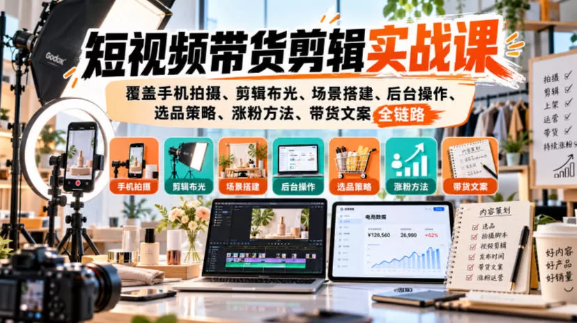 《短视频带货全链路实战:手机桌拍+剪辑布光+选品涨粉,零基础出单攻略》-猴哥资源站