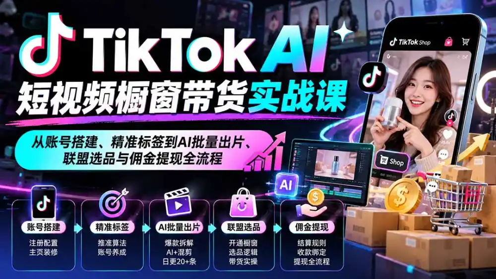 《TikTok AI橱窗带货全链路，日更20条批量出单实战》-猴哥资源站