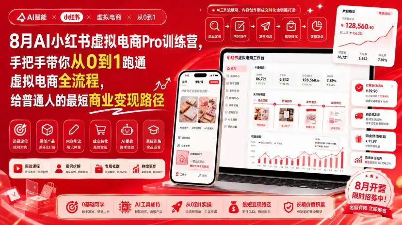 《AI小红书虚拟电商Pro训练营，8月布局9月爆单，普通人最短变现路径》-猴哥资源站