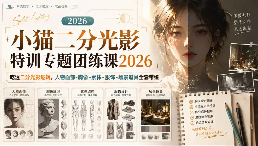 《吃透二分光影逻辑，人物面部到场景道具全套带练，板绘质感飙升》-猴哥资源站