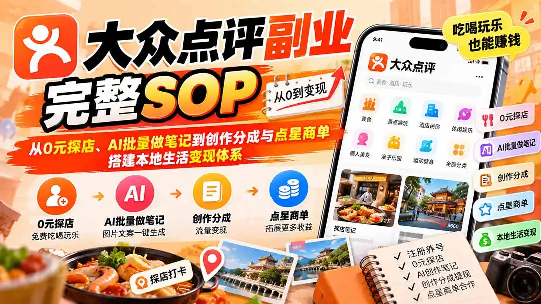 《AI探店创作分成全攻略，0元吃喝还能稳定变现》-猴哥资源站