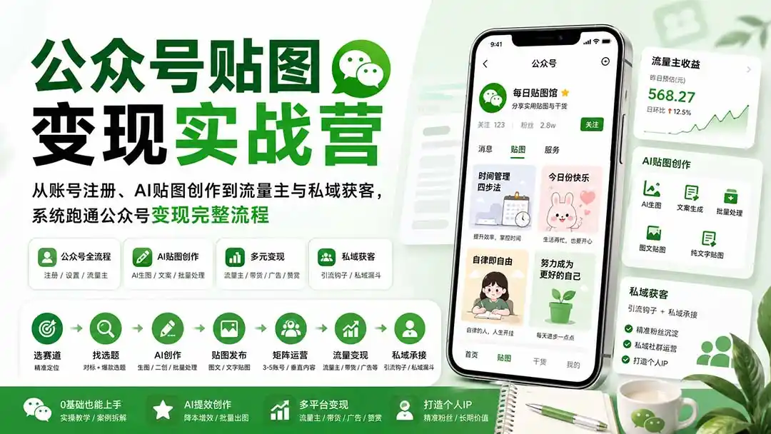 《公众号贴图AI变现全攻略，零基础矩阵运营稳定吃流量主收益》-猴哥资源站