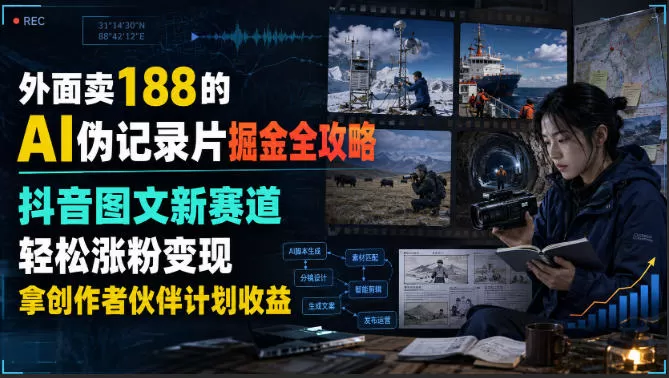 外面卖188的AI伪记录片掘金全攻略，抖音图文新赛道，轻松涨粉变现，拿创作者伙伴计划收益【文档】-猴哥资源站