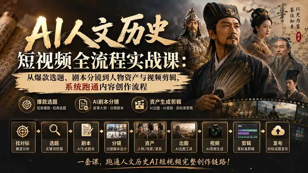 《AI人文历史短视频全流程实战，零基础跑通爆款内容生产线》-猴哥资源站