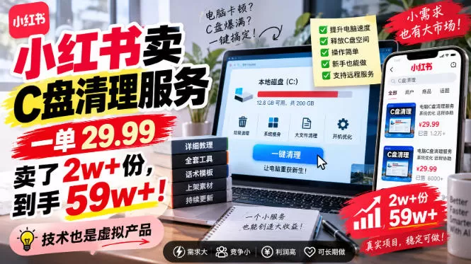《小红书卖C盘清理服务，一单29.99，卖了2w+份的虚拟项目玩法》-猴哥资源站