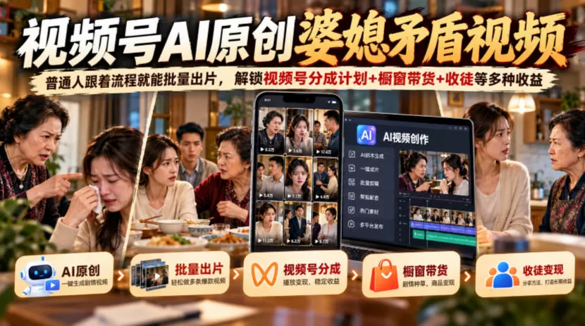 《AI批量做婆媳短剧，视频号分成+带货+收徒三重变现》-猴哥资源站