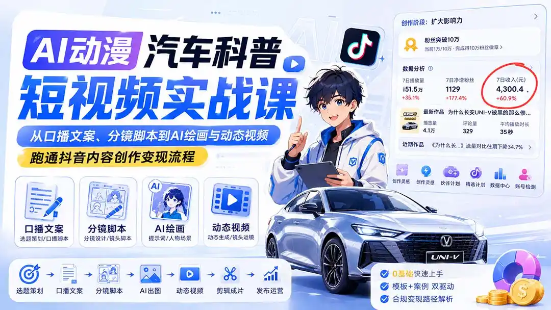 《AI动漫汽车科普短视频实战，零基础全流程批量出片》-猴哥资源站