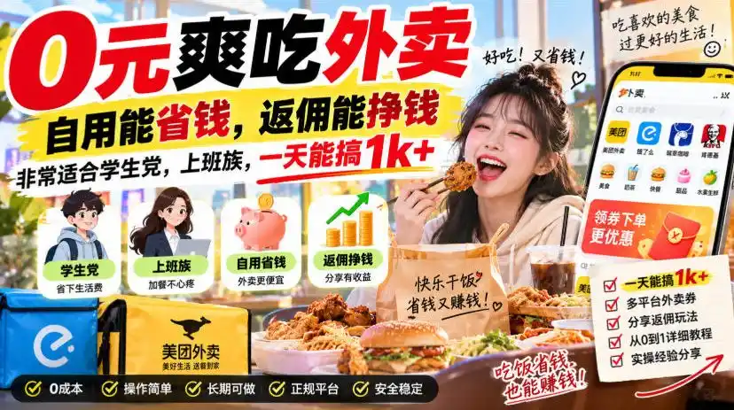 《外卖霸王餐0元吃，自用省钱+分享返佣，一天稳赚1K+的全套实操玩法》-猴哥资源站