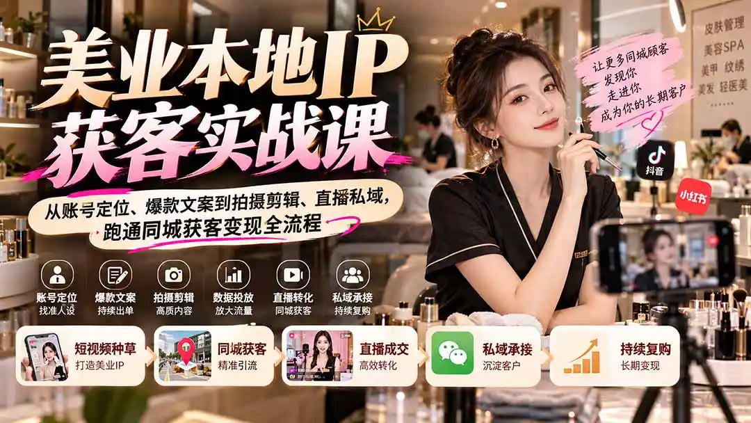 《美业IP同城获客实战：短视频种草到直播成交，60+节全链路拆解》-猴哥资源站