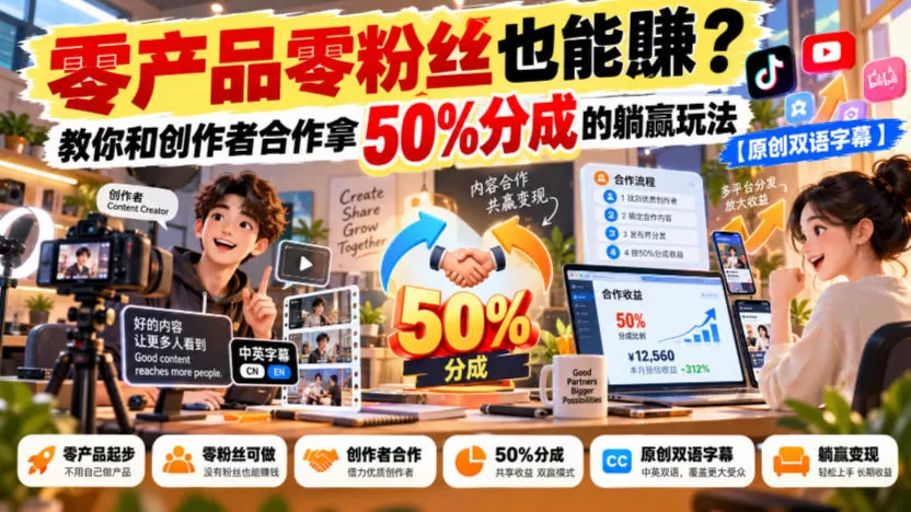 《零产品零粉丝，借创作者流量拿50%分成的躺赢攻略》-猴哥资源站