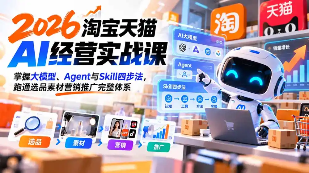 《淘宝AI实战增长计划：22节视频+14套Skill，电商AI提效落地攻略》-猴哥资源站
