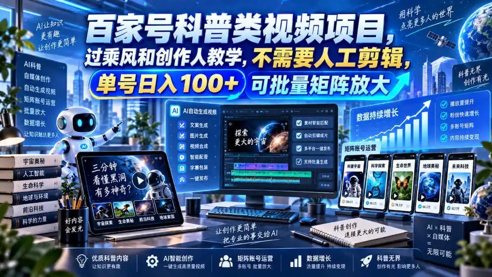 《百家号AI全自动科普视频，零剪辑单号日入100+矩阵放大》-猴哥资源站