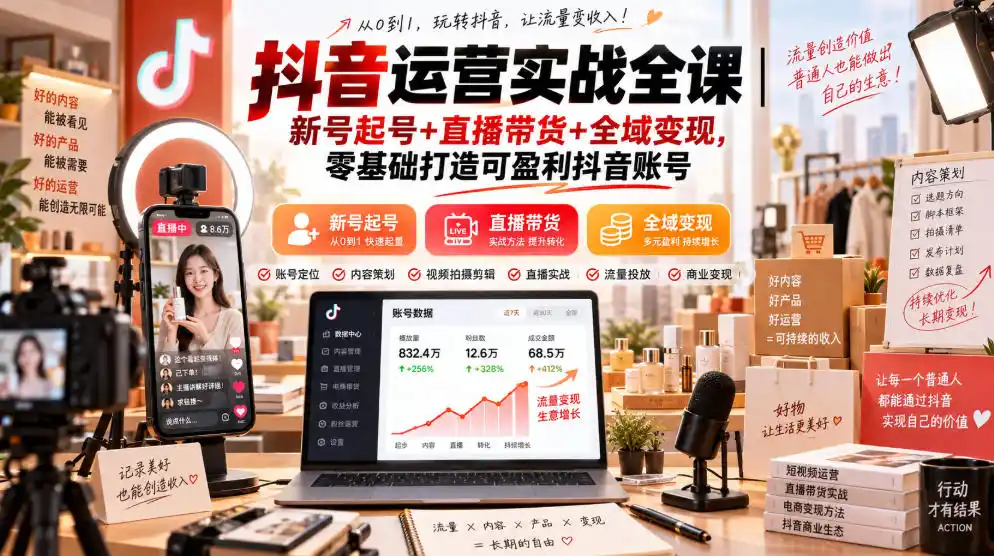 《抖音全域变现实战体系，零基础起号+直播带货+IP变现全打通》-猴哥资源站