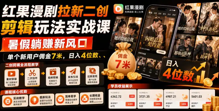 《红果漫剧拉新二创，0粉起号单用户7米日入4位数》-猴哥资源站
