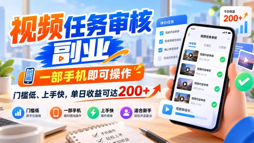 视频任务审核副业,一部手机即可操作,门槛低、上手快,单日收益可达200+【揭秘】