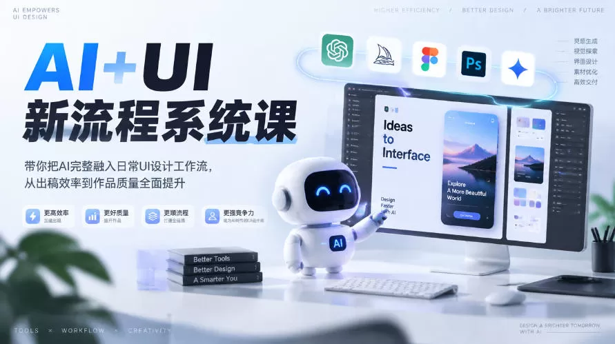 《AI+UI新流程系统课：28节带练8周，从图标到作品集全打通》-猴哥资源站