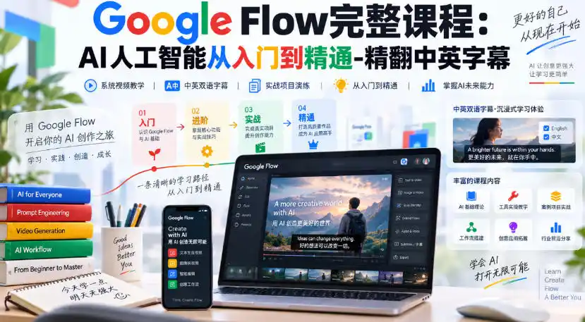 《Google Flow全流程实战：AI视频从入门到精通，中英字幕精翻》-猴哥资源站