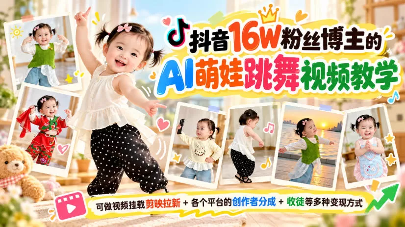 《一张照片做AI萌娃跳舞，剪映拉新+分成+收徒三重变现》-猴哥资源站