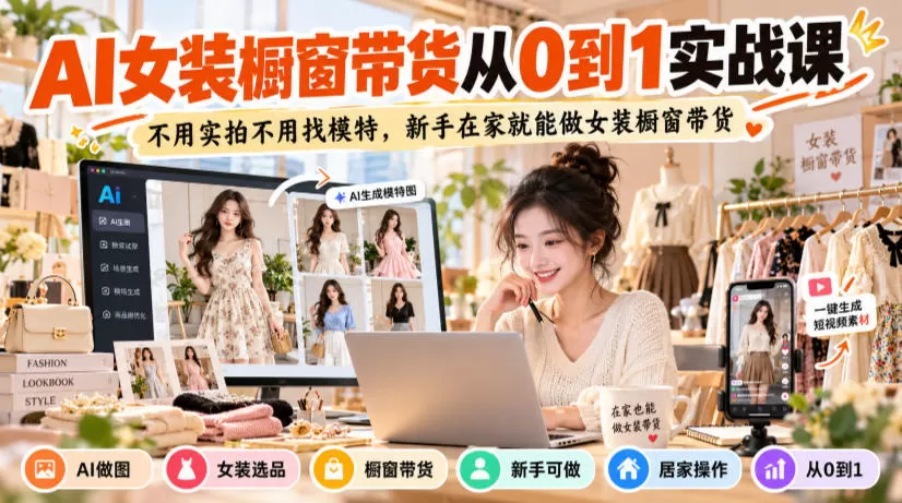 《AI女装橱窗带货全流程，零实拍零模特在家跑通出单闭环》-猴哥资源站