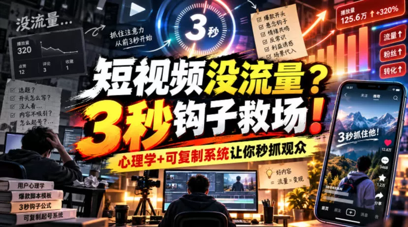 《短视频3秒钩子实战体系，心理学+可复制模板让完播率翻倍》-猴哥资源站