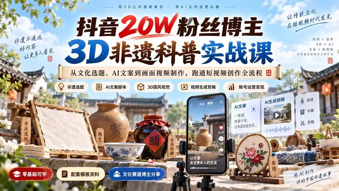 《AI赋能3D非遗科普短视频，零基础也能做出国风爆款》-猴哥资源站