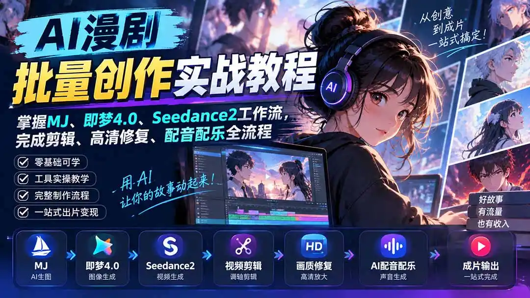《AI漫剧全流程落地实操，零基础批量出片稳定变现攻略》-猴哥资源站