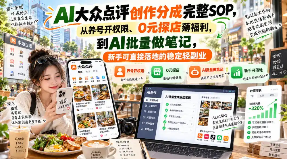 《AI大众点评创作分成，0元探店+批量笔记稳定变现》-猴哥资源站