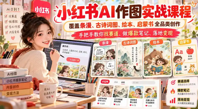 《小红书AI作图全品类实战，零基础条漫绘本启蒙书爆款变现》-猴哥资源站