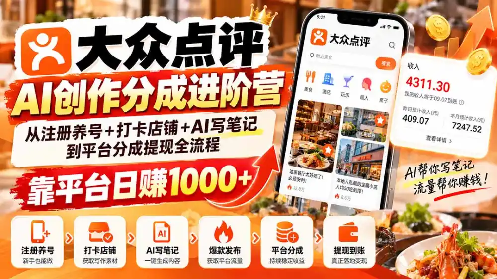 《AI写大众点评笔记，傻瓜式操作赚平台分成，多号放大蓝海玩法》-猴哥资源站