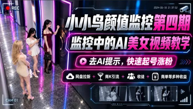 《AI美女视频监控玩法全拆解，去AI标识快速起号+网盘拉新商单收徒多路变现》-猴哥资源站