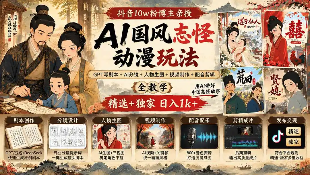 《AI志怪国风动漫解说实战课，零基础从剧本到成片全流程》-猴哥资源站