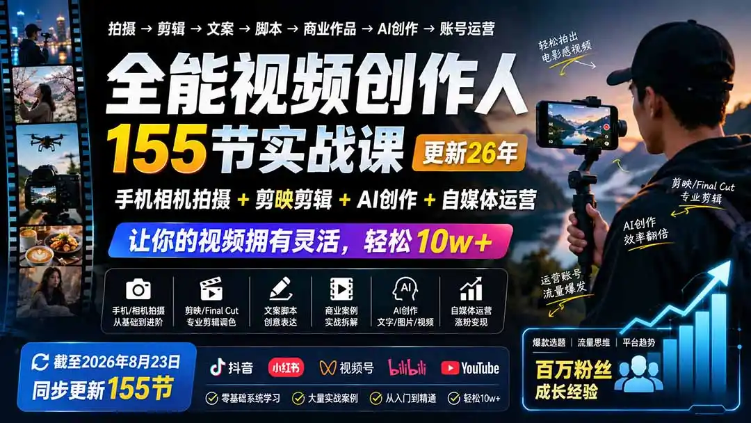 《零基础到全能视频创作人，155节实战课一站式打通拍摄剪辑变现全链路》-猴哥资源站
