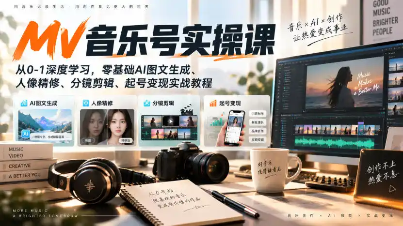《AI音乐MV实操全攻略，零基础批量产出爆款视频稳定变现》-猴哥资源站