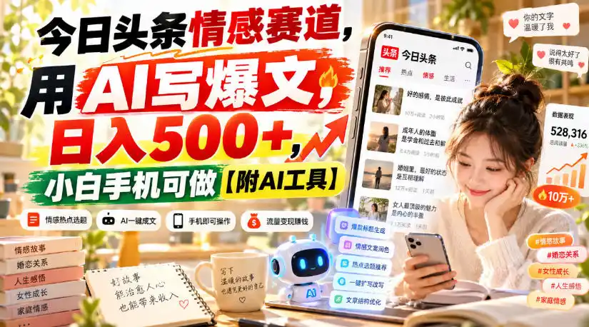 《AI写头条情感爆文，手机日入500+，小白也能轻松上手》-猴哥资源站