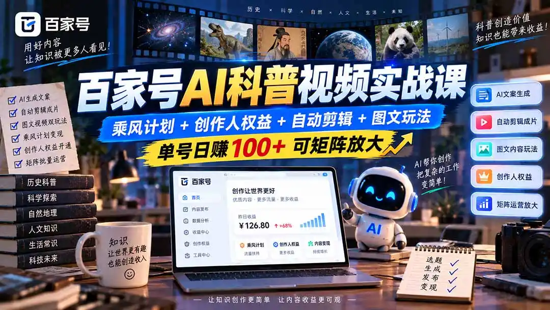 《AI全自动科普视频矩阵，单号日入100+零基础可复制》-猴哥资源站