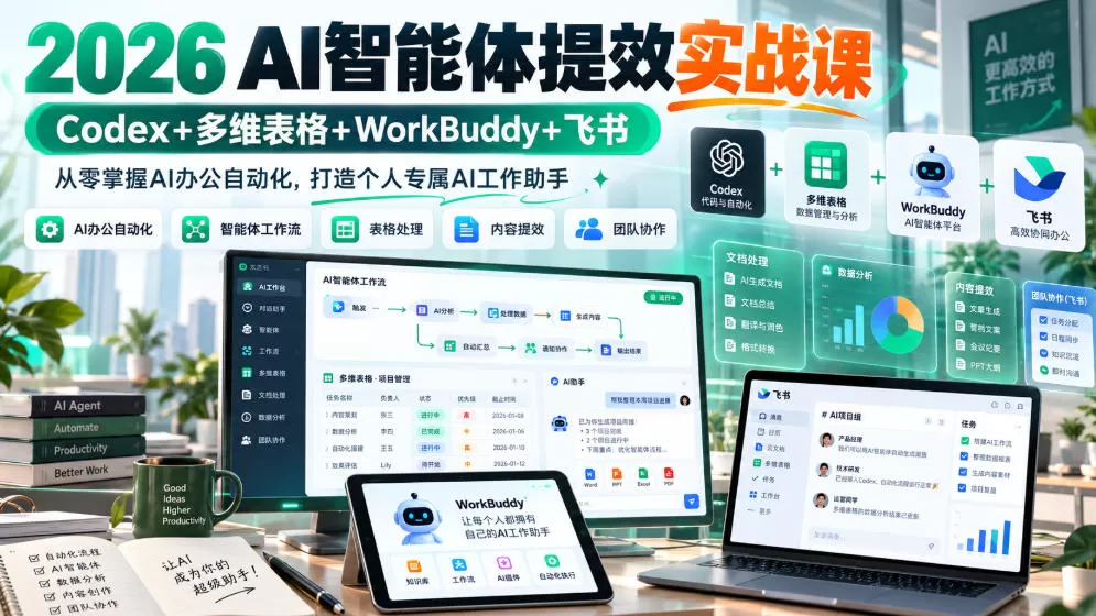 2026 AI智能体提效实战课:Codex+多维表格+WorkBuddy+飞书,从零掌握AI办公自动化,打造个人专属AI工作助手